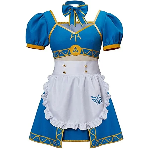 Princess Zelda Maid Dress Halloween Cosplay Anime French Maid Outfit Dress Costume with Apron Accessories Blue 3X-Large