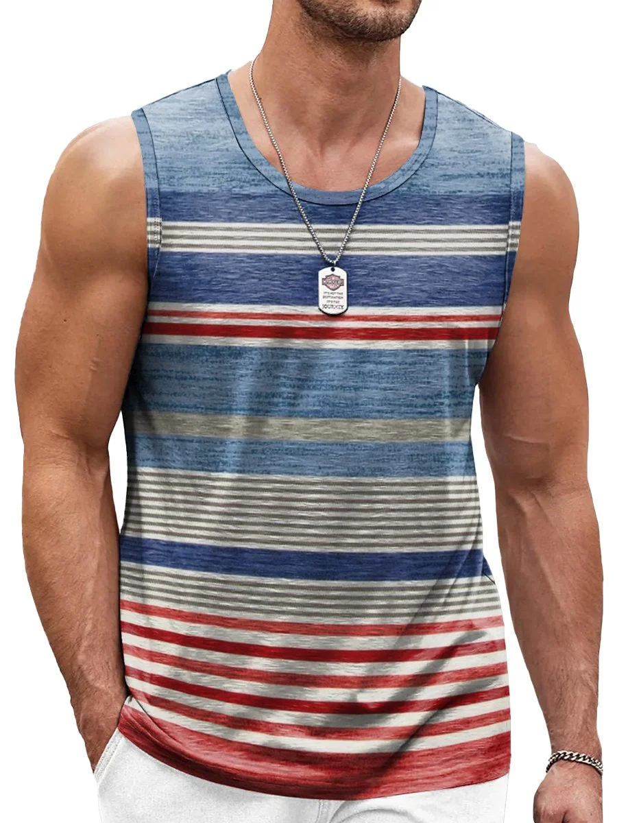 Red And Blue Striped Print Crew Neck Tank Top
