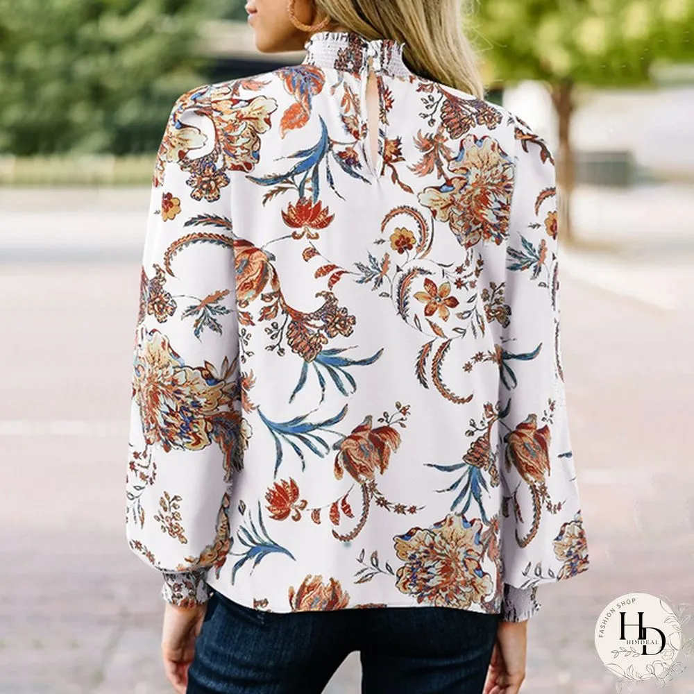 Women Spring Casual Puff Sleeve Floral Printed Top Holiday Smocking Retro Shirt Blouse