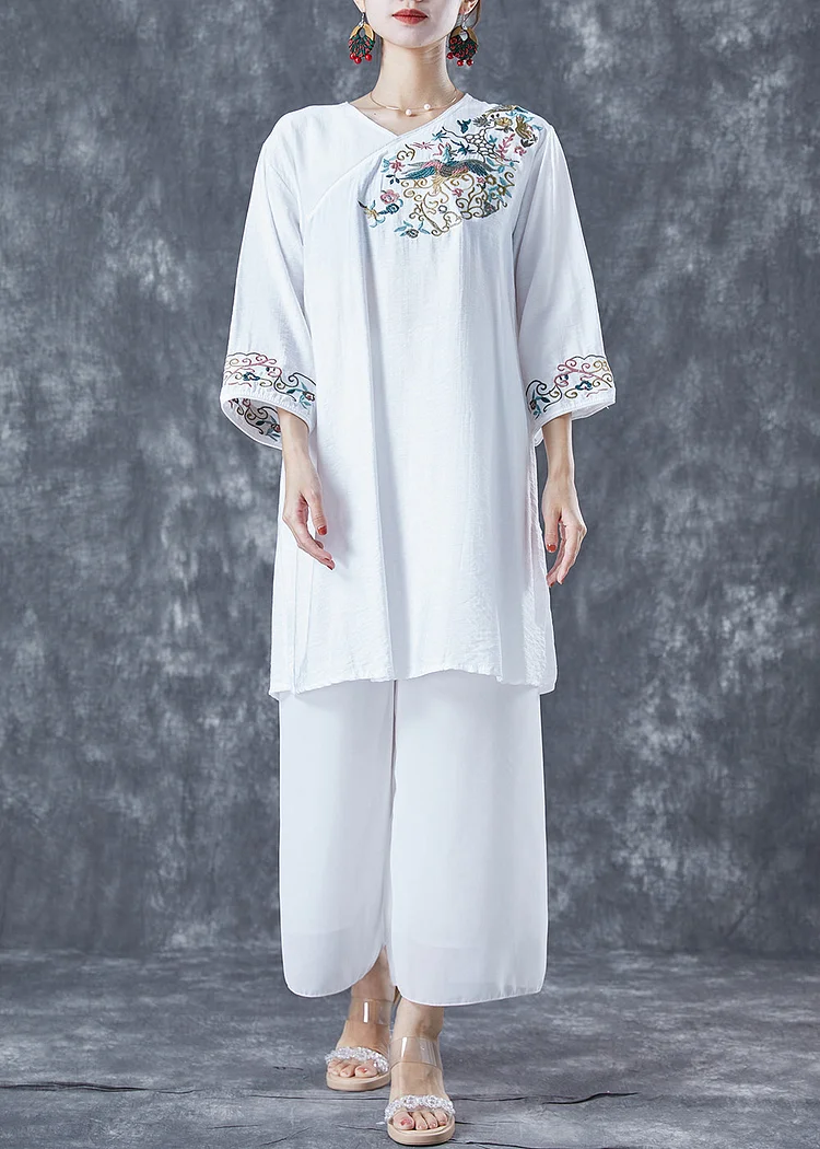 Classy White Embroideried Side Open Linen Dress Bracelet Sleeve