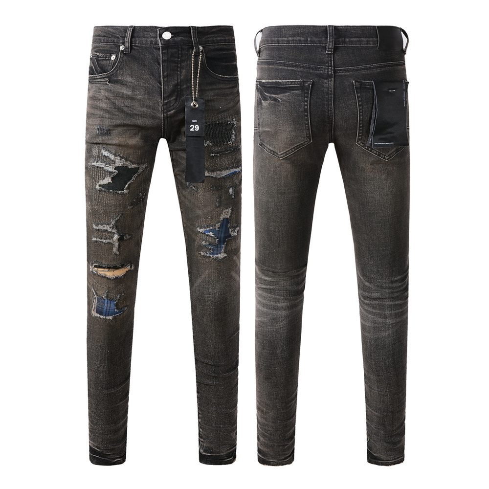Bonushow American High Street brand purples Jeans Men fashion Retro wash Distressed Elastic Skinny Jeans Button Fly Ripped Pants Trousers