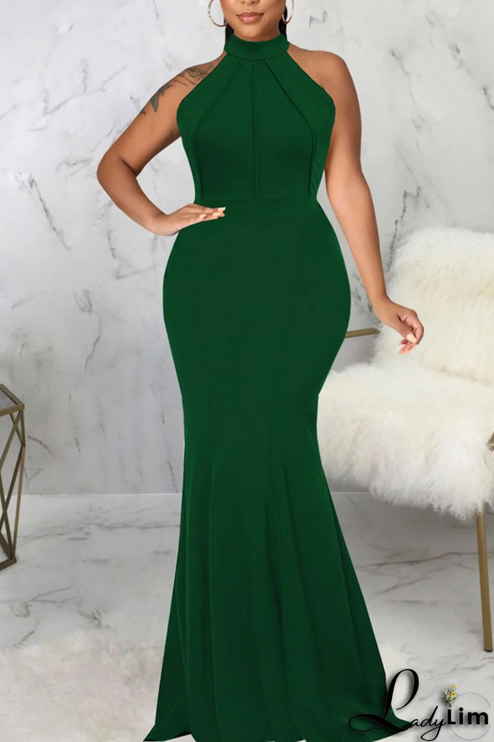 Dark Green Elegant Solid Patchwork Half A Turtleneck Evening Dress Dresses