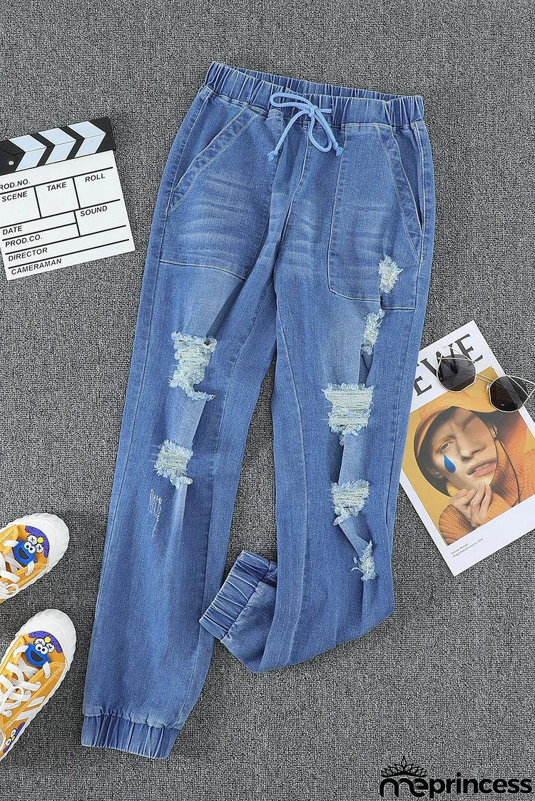 Women's Sky Blue Pocketed Distressed Jean Joggers