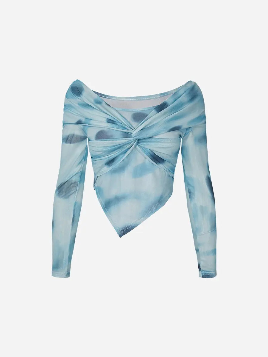 Off Shoulder Long Sleeve Tie-Dye Mesh T-Shirt
