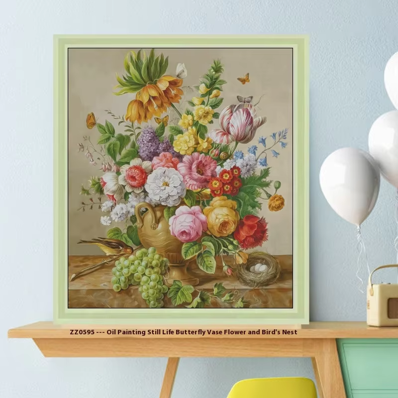 1set DIY Printed Cross Stitch Kit 【ZZ0595- Oil Painting Still Life Butterfly Blossoms Vase Flowers and Bird Nests】printed (stamped) cross-stitch Painting Fairy Cross Stitch