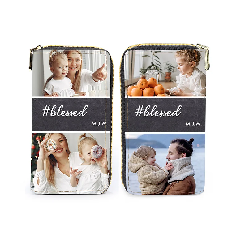 Personalized Women Photo Wallet with 4 Photos Leather Zipper Card Case