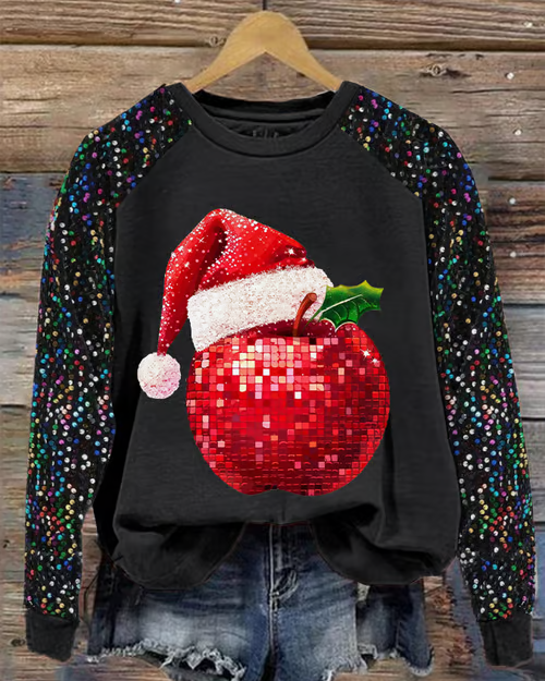 Apple Christmas Hat Print Crewneck Sweatshirt