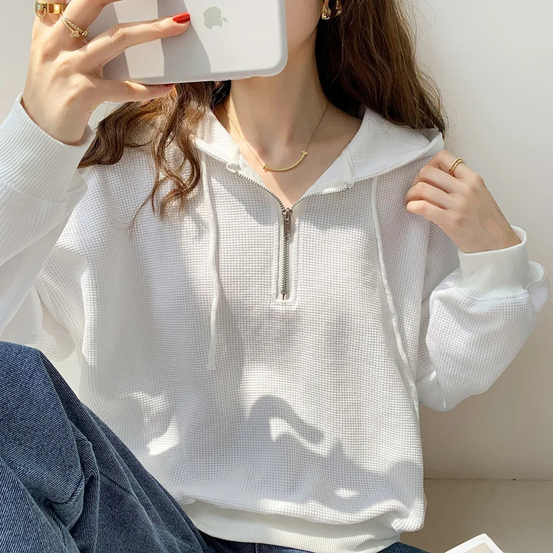 Ueong Style Waffle Hooded Sweater 2023 Early Spring New Style Loose Design Niche Jacket Women's Spring And Autumn