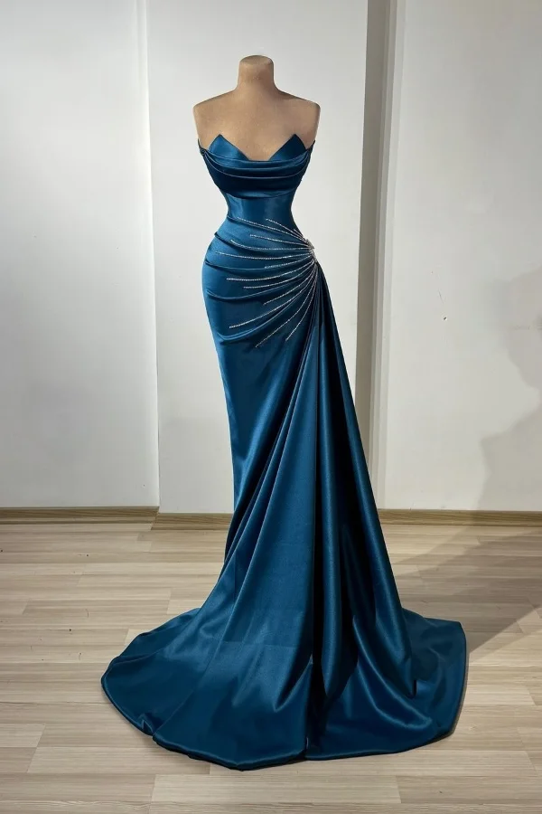 Lisliy Dark Blue Strapless Pleated Beaded Prom Dress 