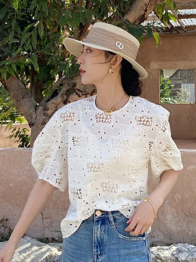 Uveng Uveng New Korean Fashion Women's Top Embroidered French Shirt Femininity Femininity Style Shenzhen South Oil Women's Clothing