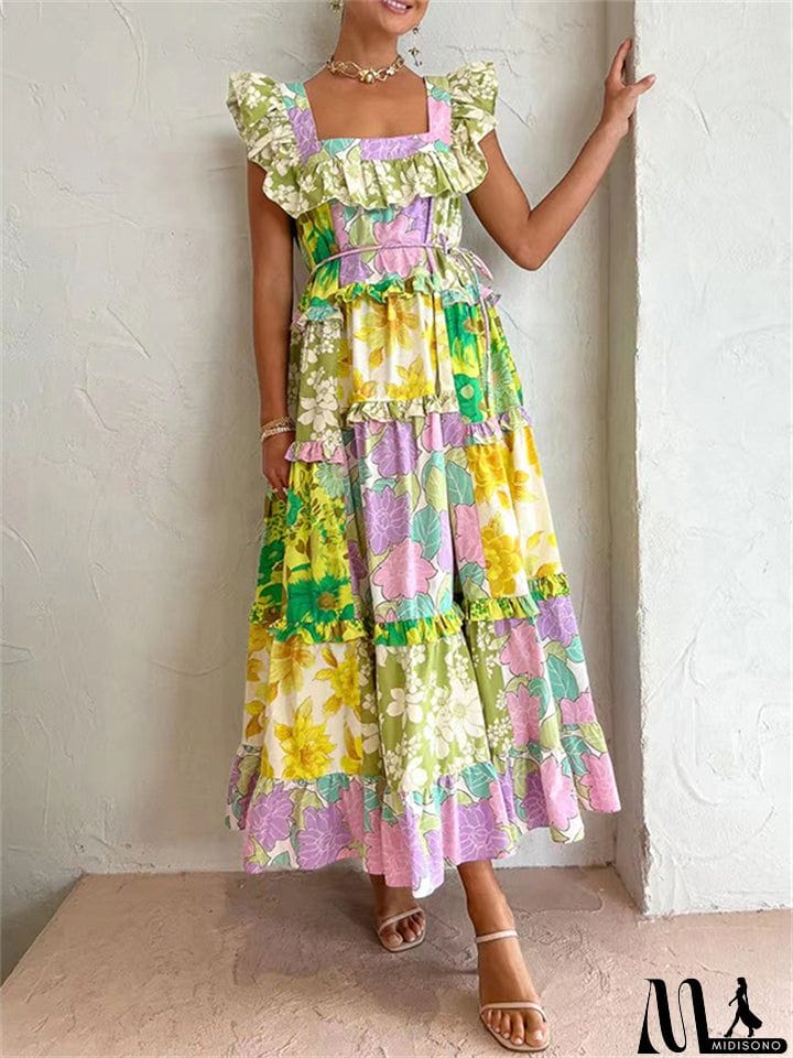 MidiSono - Women's Fashion Square Neck Sleeveless Multicolor Splicing Dress