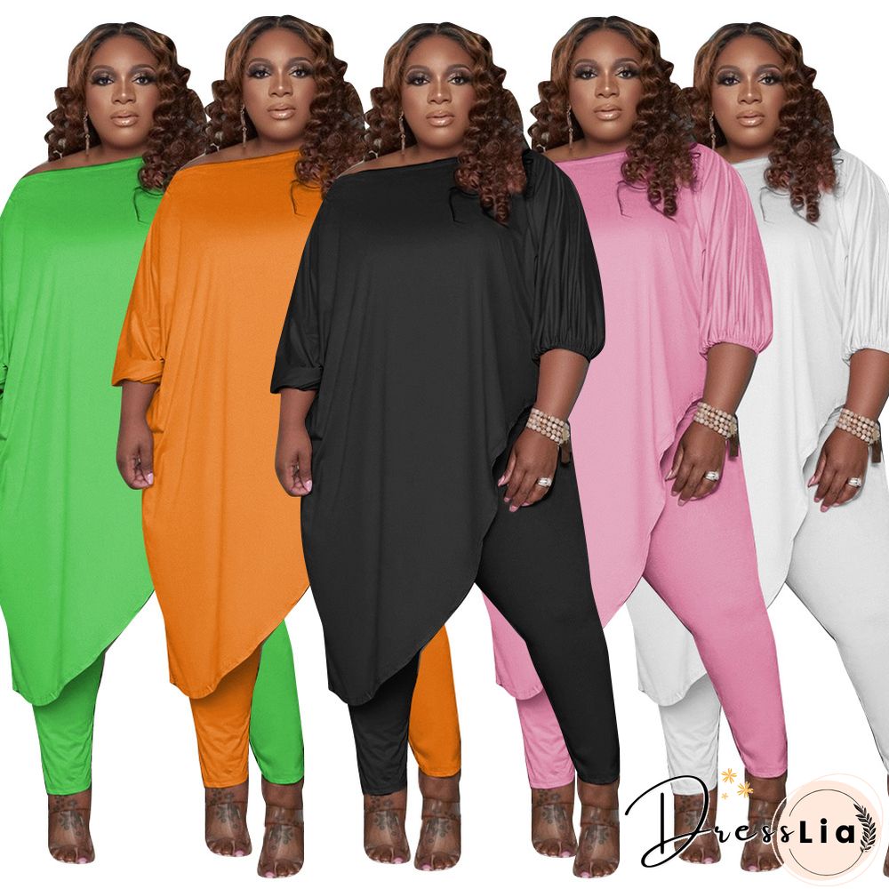 Plus Size Summer Clothes Solid Color Half Sleeve Slant Shoulder Loose Long T Shirt Top Pants 2 Piece Set