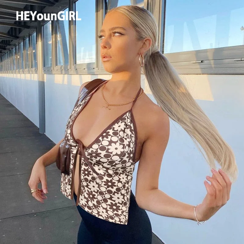HEYounGIRL Floral Print Sexy Halter Top Summer V Neck Front Tie Sleeveless Tanks Cami Tops 90s Fashion Crop Top Streetwear