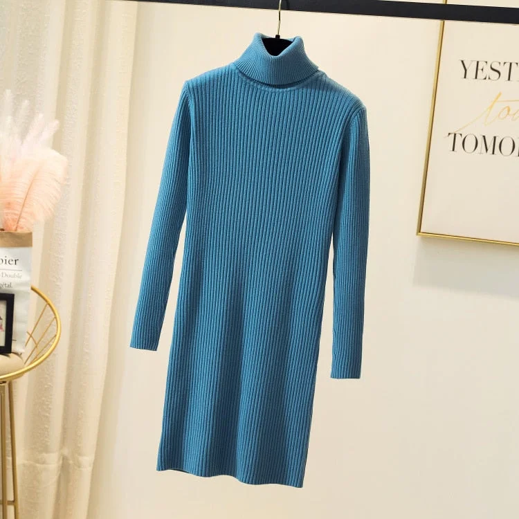 Women Office Lady Slim Pit Knitted Sweater Dress Long Sleeve Turtleneck Solid High Street Casual Dress 2021 Winter Fashion Dress
