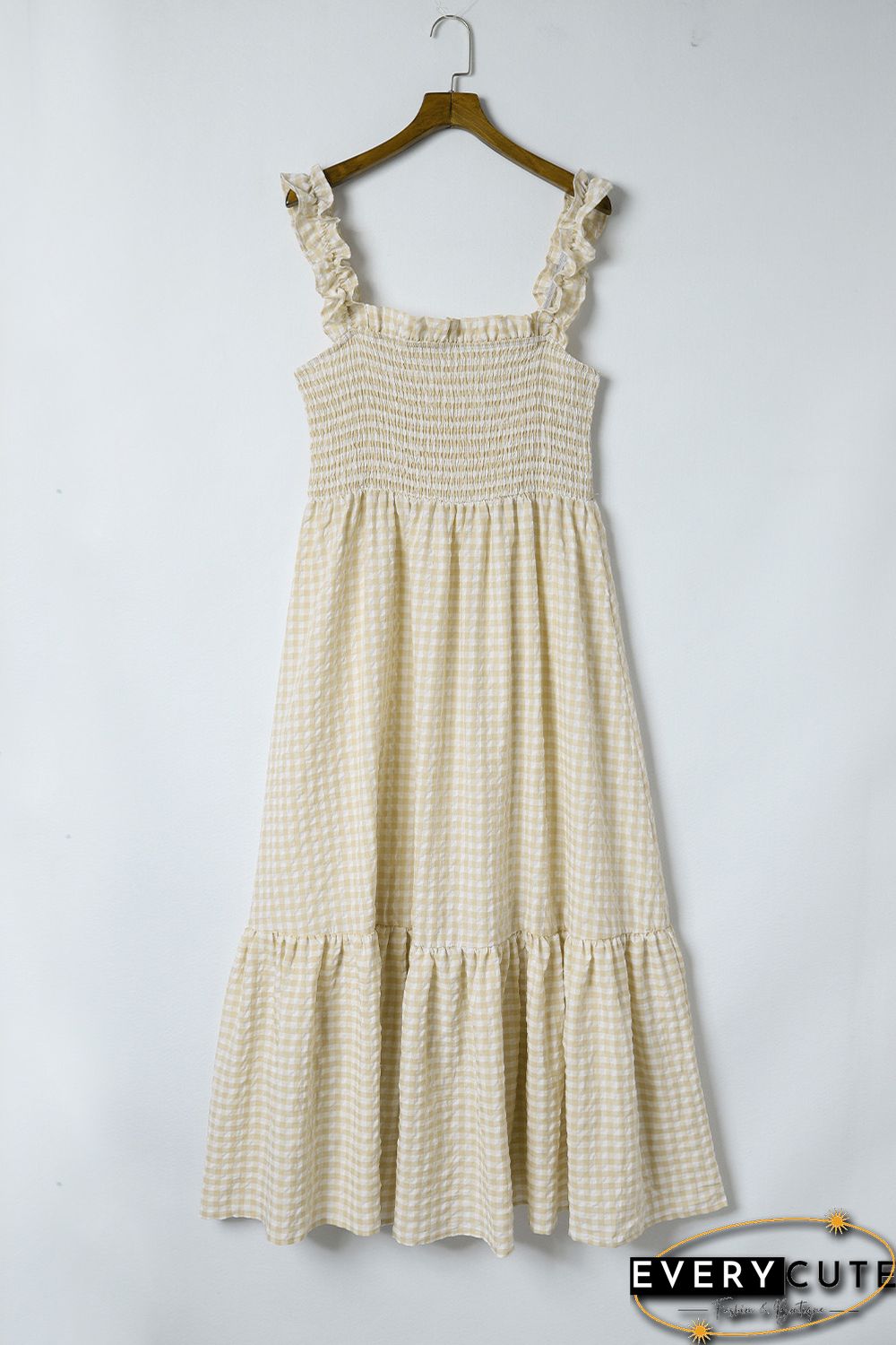 Khaki Plaid Ruffled Sleeve Smocked Maxi Dress