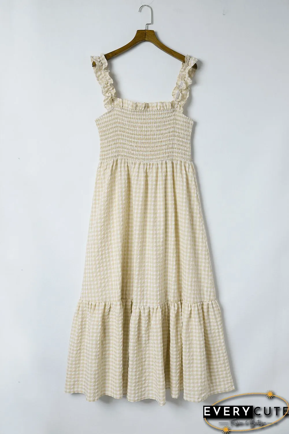Khaki Plaid Ruffled Sleeve Smocked Maxi Dress