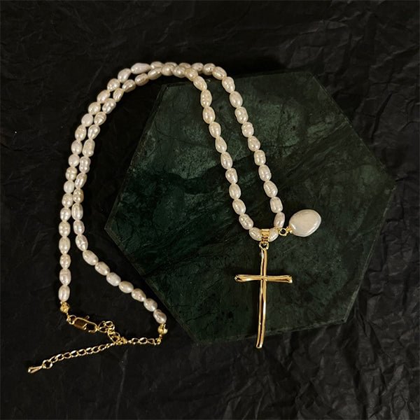 Elegant Pearl Cross Necklace & Earrings Set