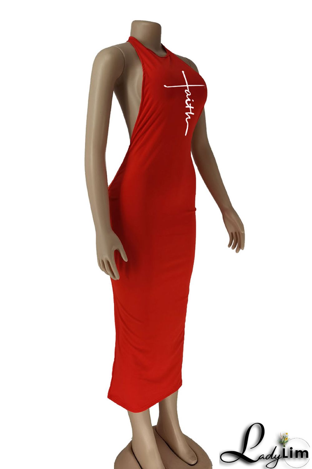 Red Sexy Print Split Joint Halter One Step Skirt Dresses