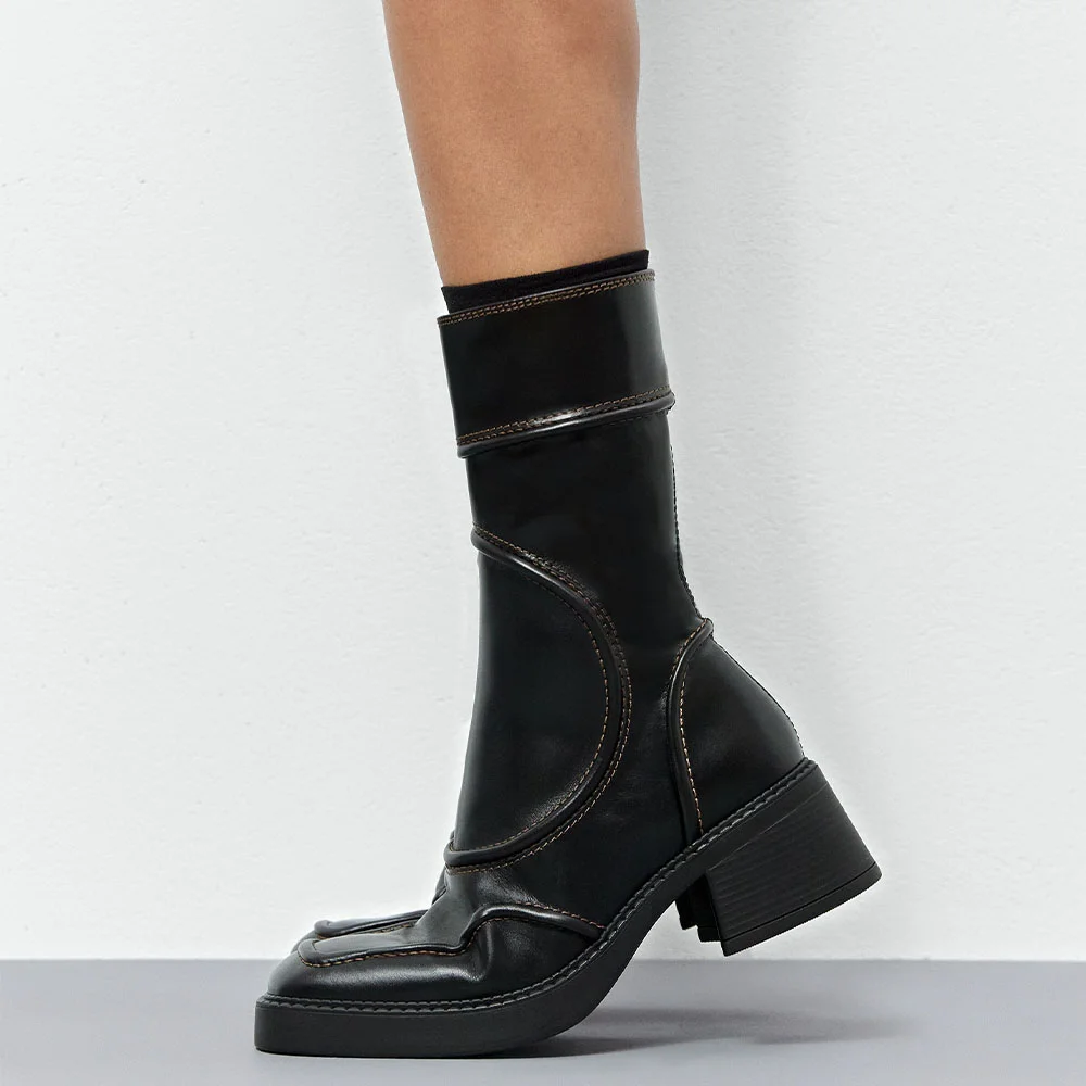 Black Vegan Leather Square Toe Mid Calf Boots with Chunky Heel