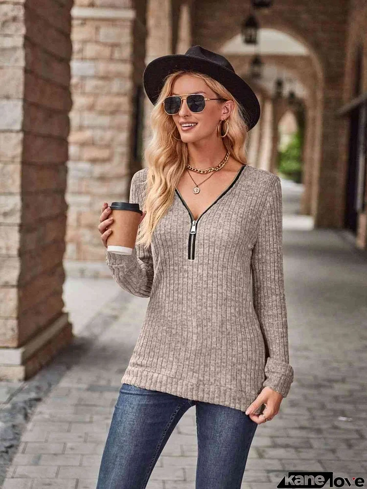 Half-Zip V-Neck Long Sleeve Top