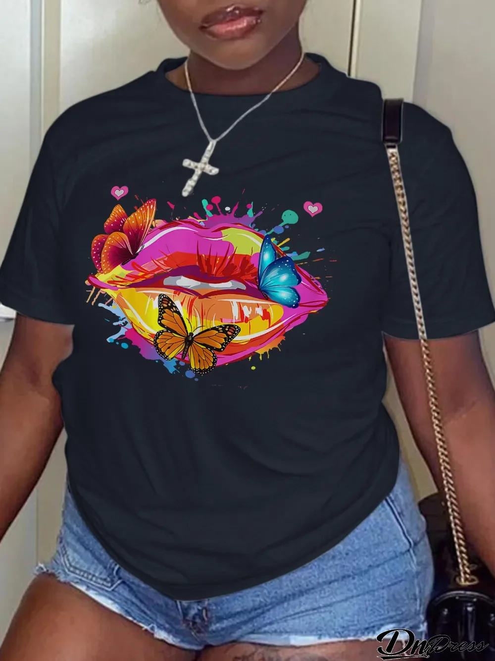 Black Street Lips Printed Patchwork O Neck T-Shirts