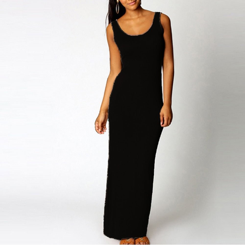 Womens Tank Solid Summer Long Dress Sleeveless Elegant Female Thin Sexy Dress O-Neck Vest Slim Maxi Beach Simple Sheath Dress