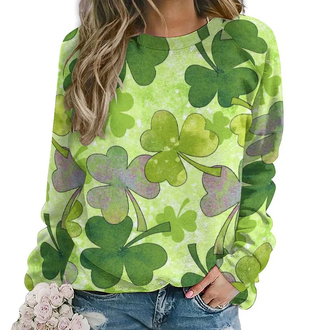 Printed Long Sleeve Casual Sweatshirt for  Women and Men Unisex Pattern St. Patrick's Day, Green, Clover, Lucky