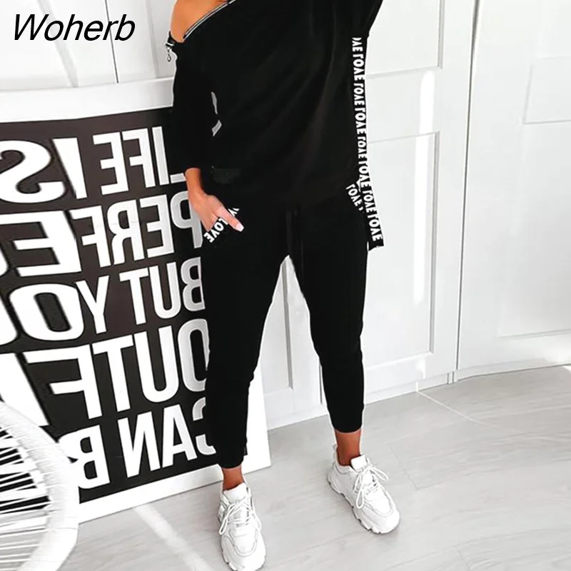 Woherb Women Two Piece Solid Tracksuit Chic Streetwear Long Sleeve Zipper Skew Neck Sweatshirt and Casual Pants Set