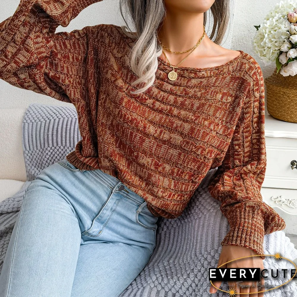 Orange Drop Shoulder Long Sleeve Cable Knit Sweater