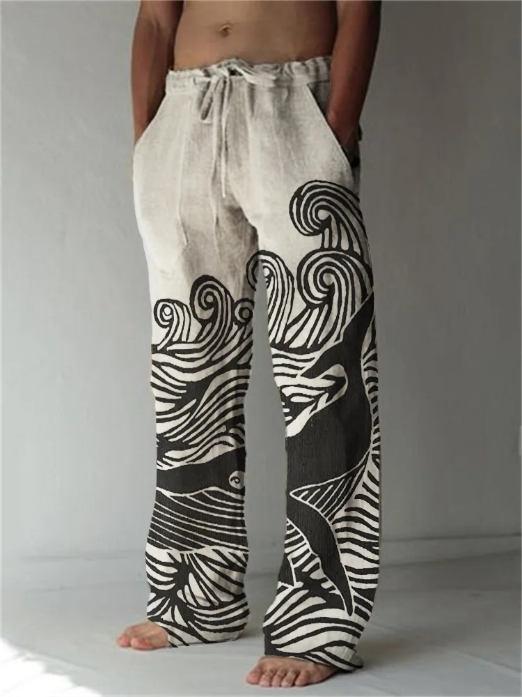 Whale Sea Waves Japanese Lino Art Linen Blend Pants