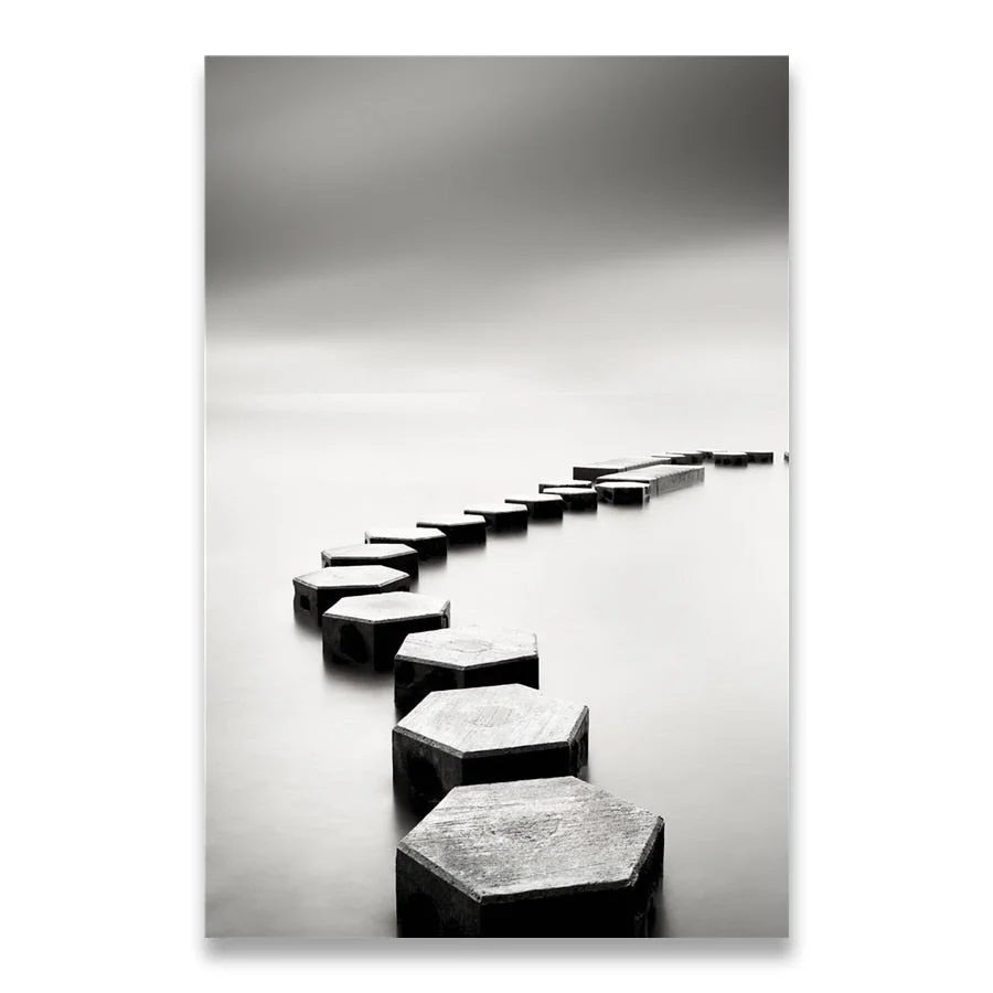 Black and White Landscape Canvas Painting Stone Wooden Bridge Posters Wall Art Print Pictures for Living Room Home Decor