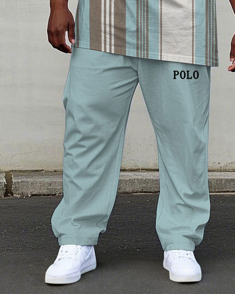 Men's Plus Size Summer Breathable Blue Stripe Small Label Printed Short-sleeved T-shirt Trousers Suit