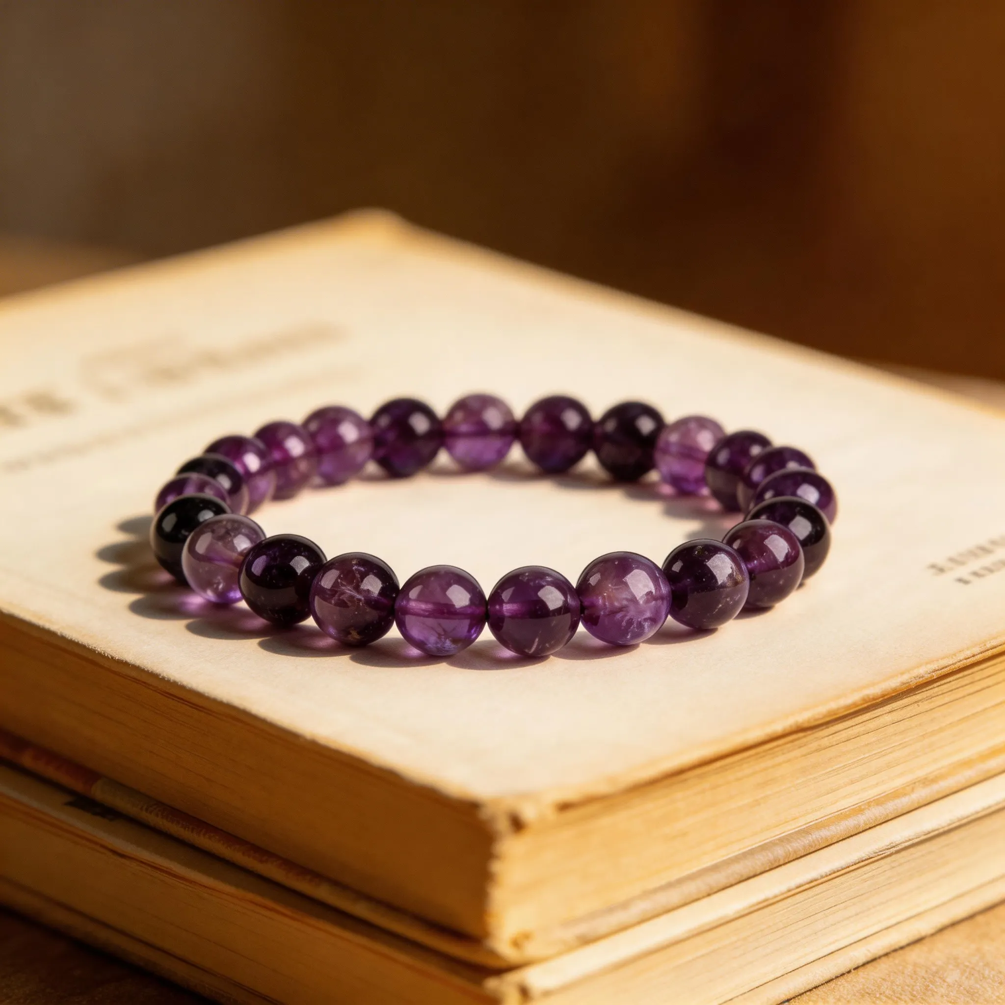Amethyst bracelet resting on an antique book, warm and giftable