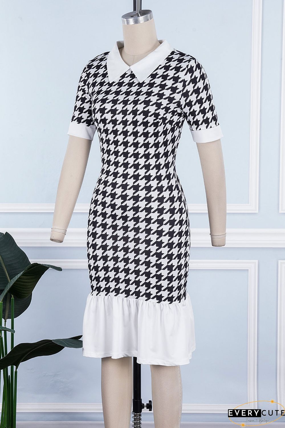 Multicolor Casual Print Patchwork Turndown Collar Short Sleeve Dress