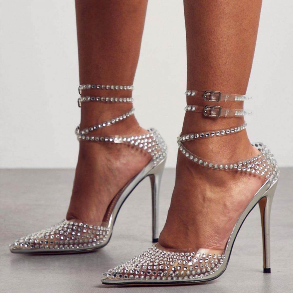 Women's Pointed Toe Clear Heels Wrap Strappy Rhinestone Pumps Nicepairs