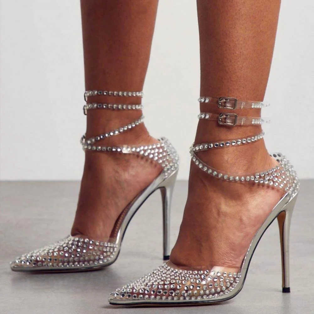 Clear Pointed Toe Pumps Rhinestone Stiletto Heel Strappy Heels Nicepairs