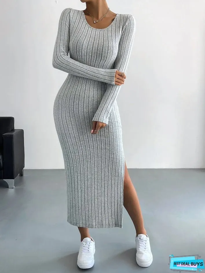 Women's Long Sleeve Crew Neck Split Knitted Dresses