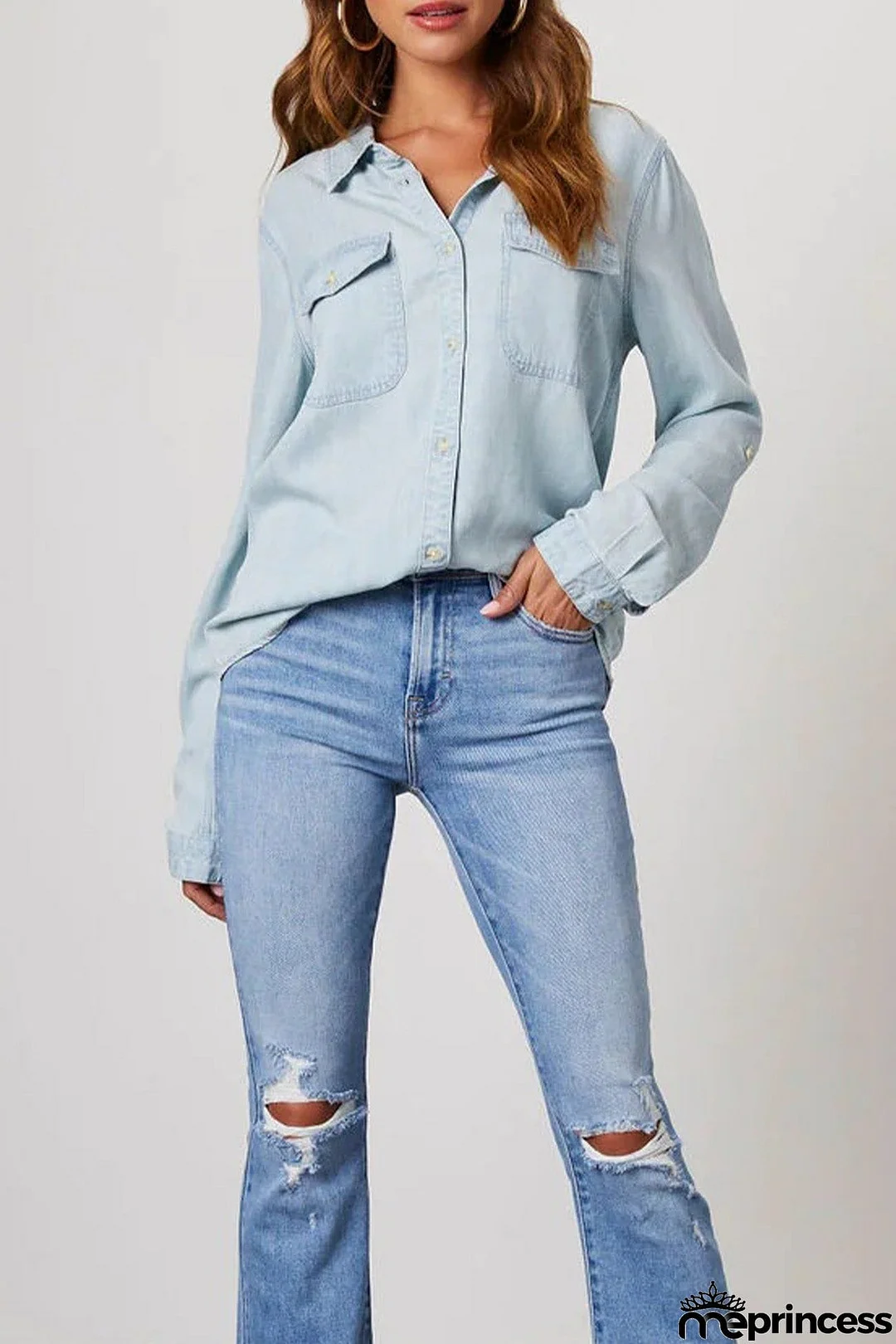 Long Sleeve Button-Up Denim Blouse