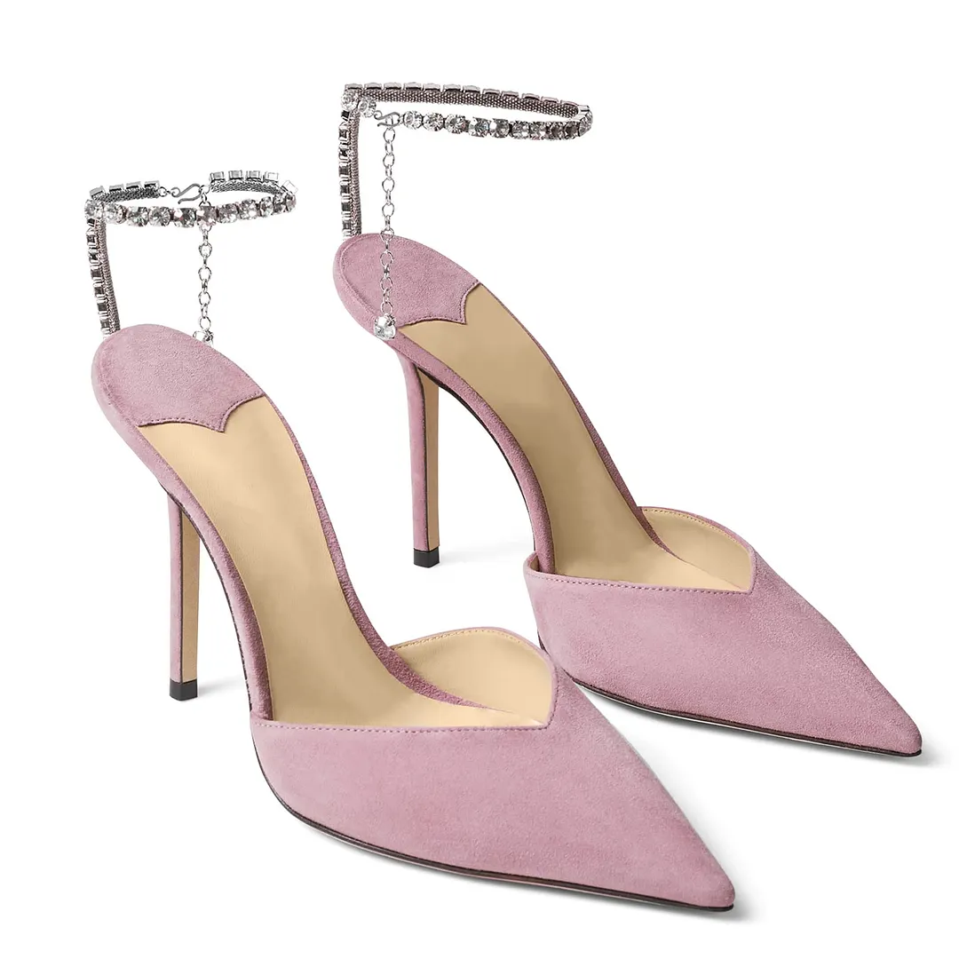 100mm Women's Sandals Crystal Chain Rhinestone Embellished Strap Suede Pumps Pointy Stilettos Backless Shoes-vocosishoes