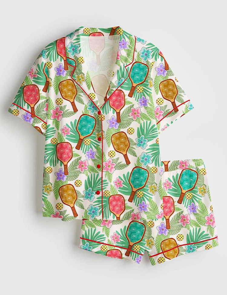 Women&rsquo;s Tropical Pickleball Fun Vibrant Floral Game Day Sports Short Sleeve Satin Pajama Set