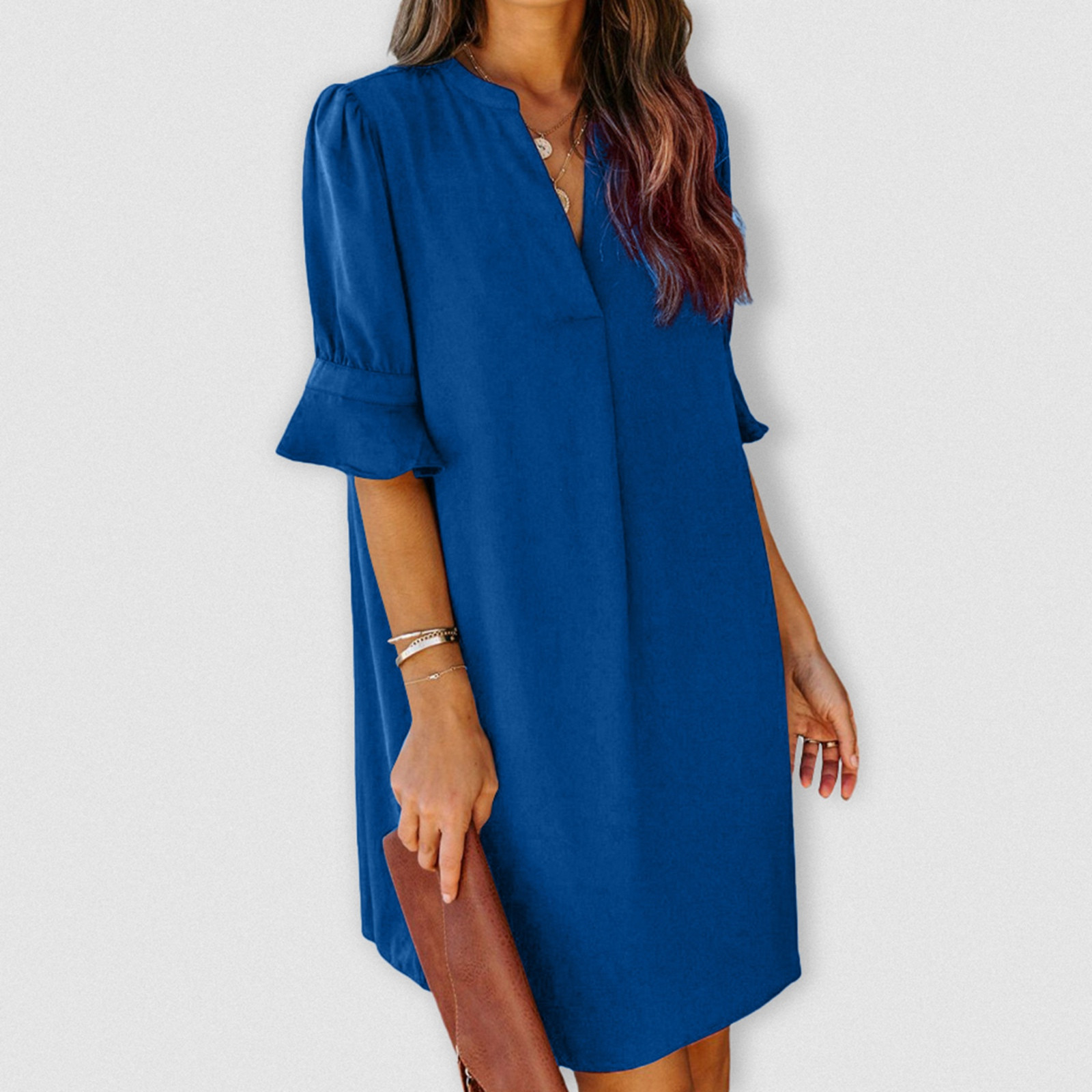 2024 Women's Chiffon Casual Dress Summer V Neck Short Sleeved Solid  Daily Dress Elegant Female Loose Ruffles Midi Beach Dress