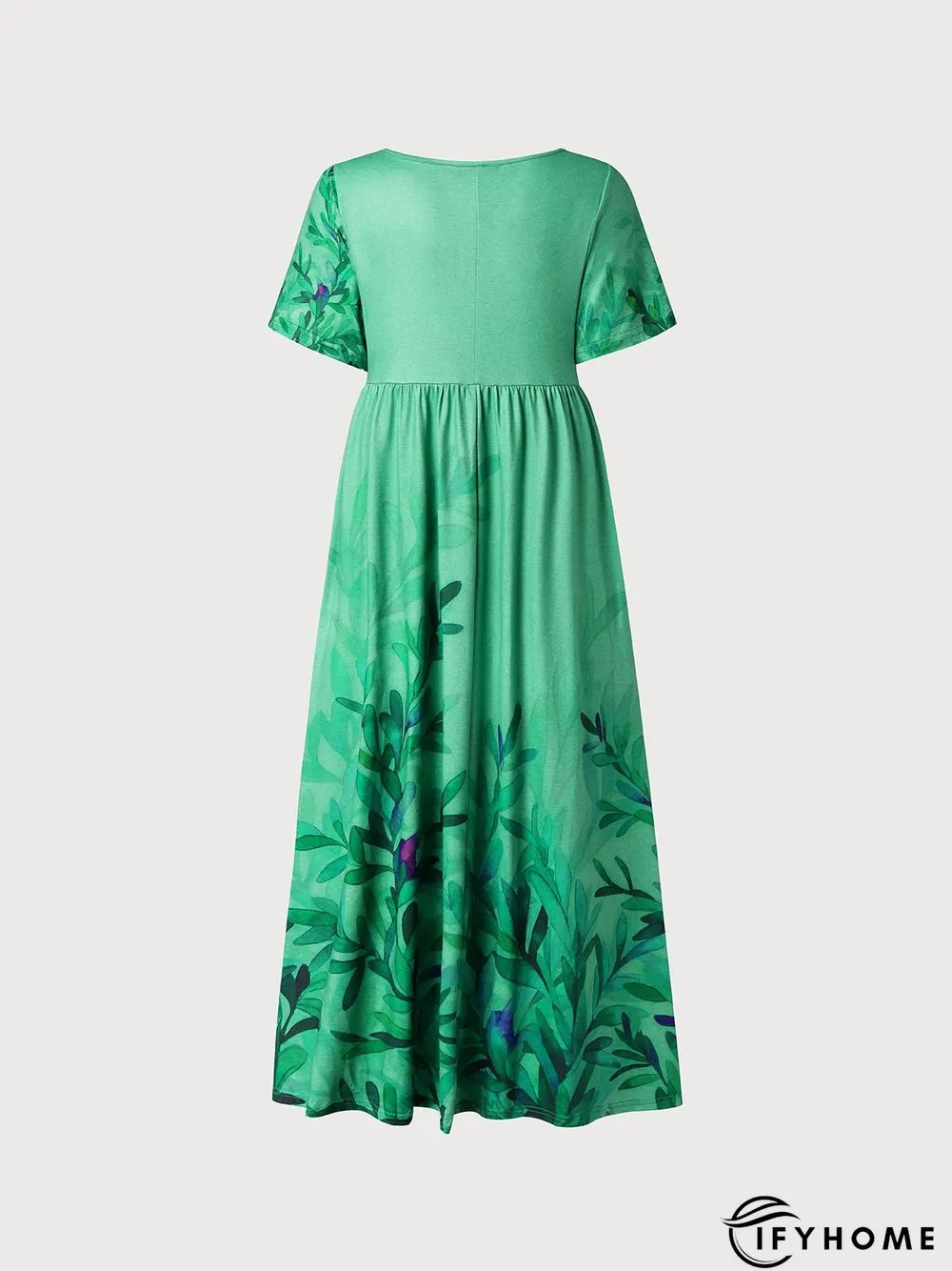 Gradient branches and leaves half open button pocket a hem long dress | IFYHOME
