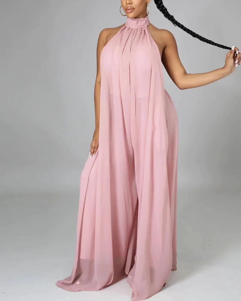Casual Solid Color Halter Jumpsuit