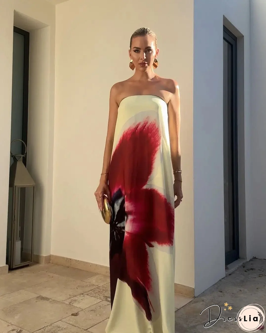 Strapless Back Belt Sleeveless Women's Long Dress Sexy Printed Backless Off Shoulder Vestidos Summer Casual Vacation Beach Robes