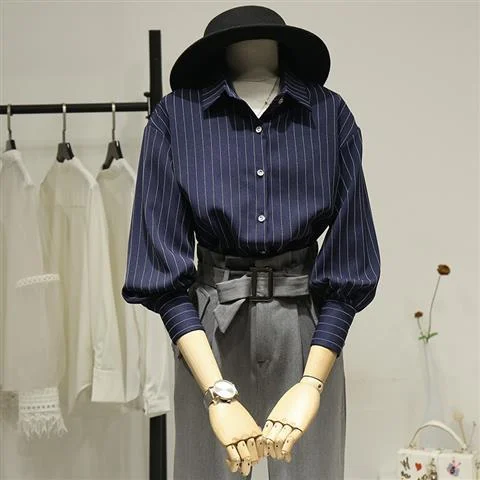 Stripe Casual Women Blouse Ladies Long Sleeve Turn Down Collar Office Work Fashion 2023 Autumn Tops