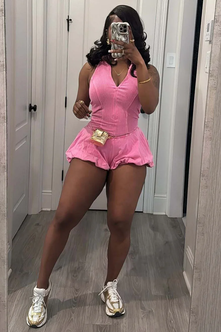 V Neck Sleeveless Solid Color Bubbled Design Playsuit Romper-Orange