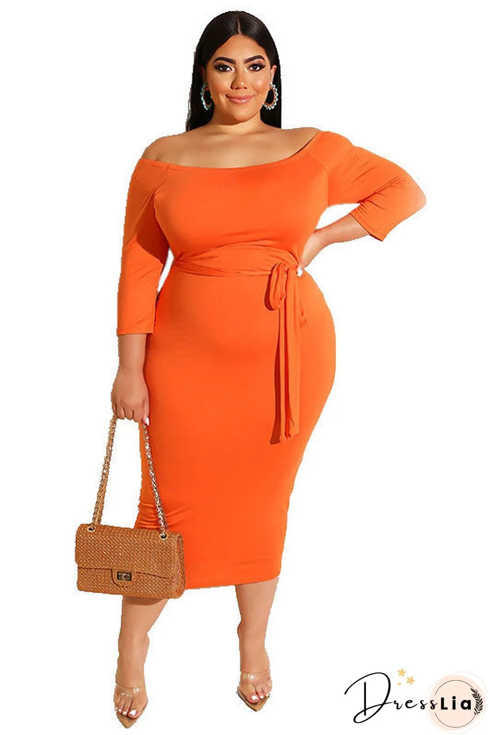 Plus Size Orange Bodycon Mid Length Dress