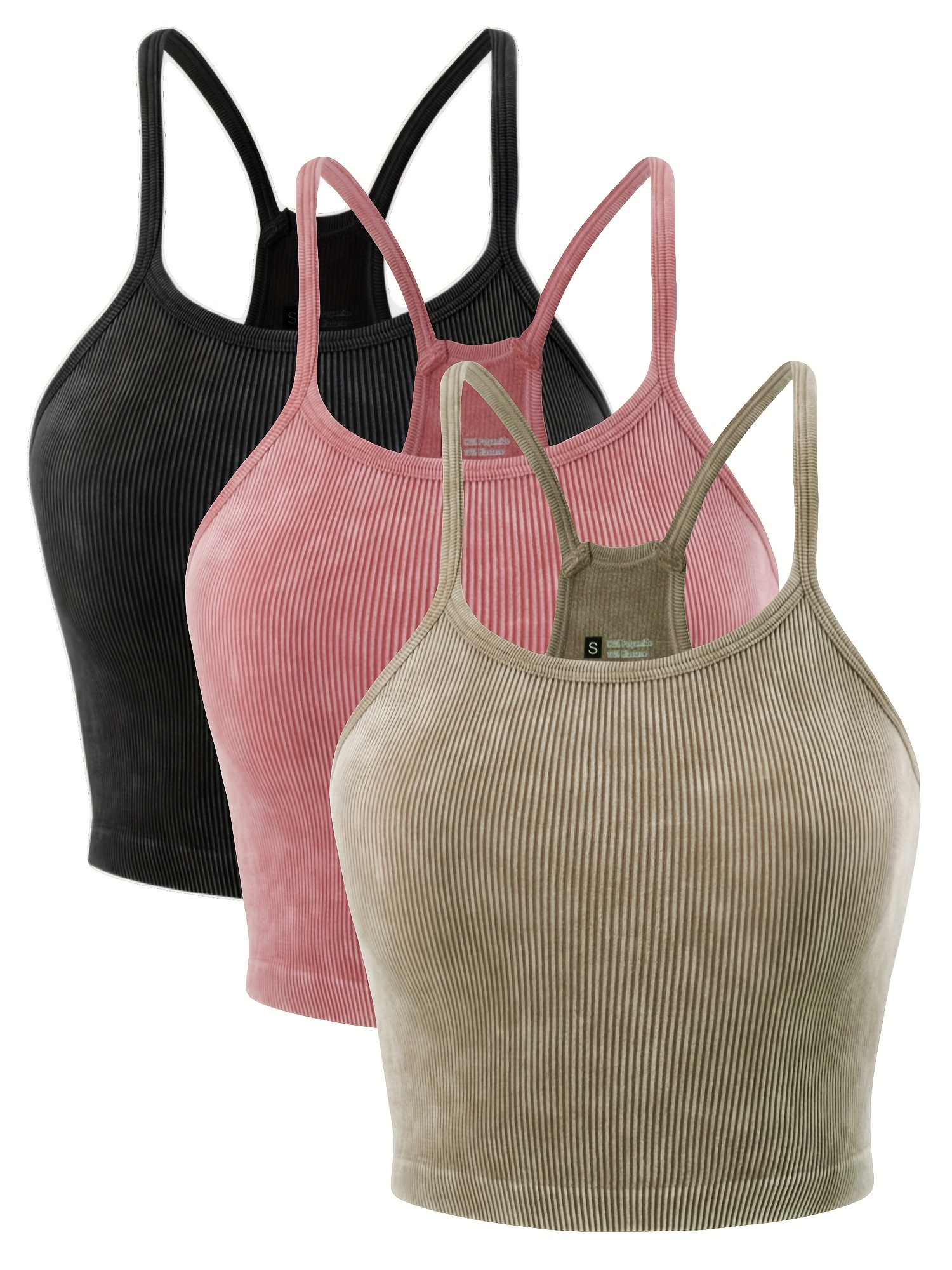 3pcs Women's Washed Seamless Ribbed Camisole Racerback Crop Tops - High Stretch Slim Fit Asymmetrical Hem Ribbed Detailing, Soft Pastel Colors Black/Pink/Beige) - Casual To Dressy Versatile Tops, Versatile Clothing, Slim Fit Fashion, Comfortable Wear | IFYHOME