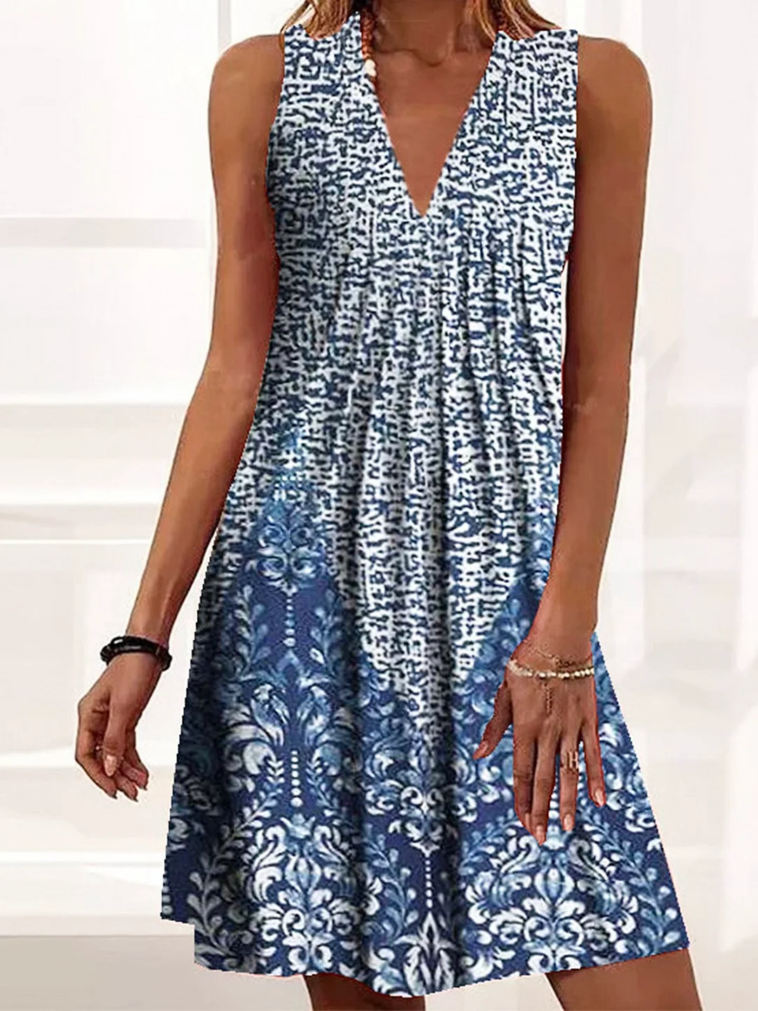 Boho Floral Polka Dots V Neck Botton Blends Blue Midi Vacation Vest Dress | IFYHOME