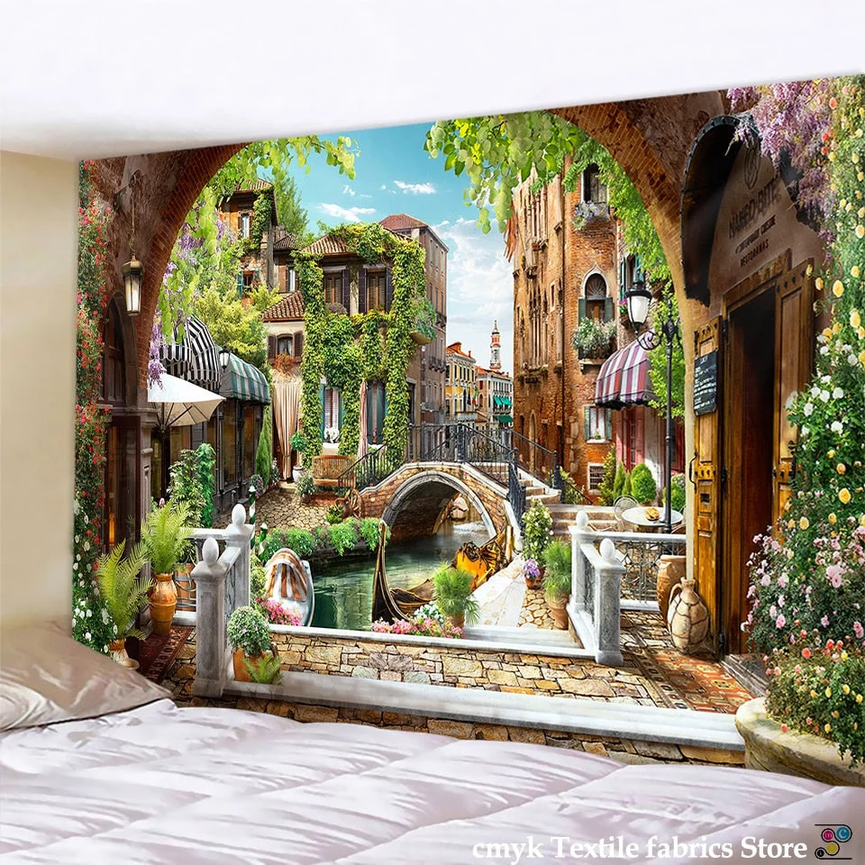 Viewing Platform Tapestry Ancient Rome Middle Ages Column Mountain Forest Castle River City Peacock Swan Wall Hang